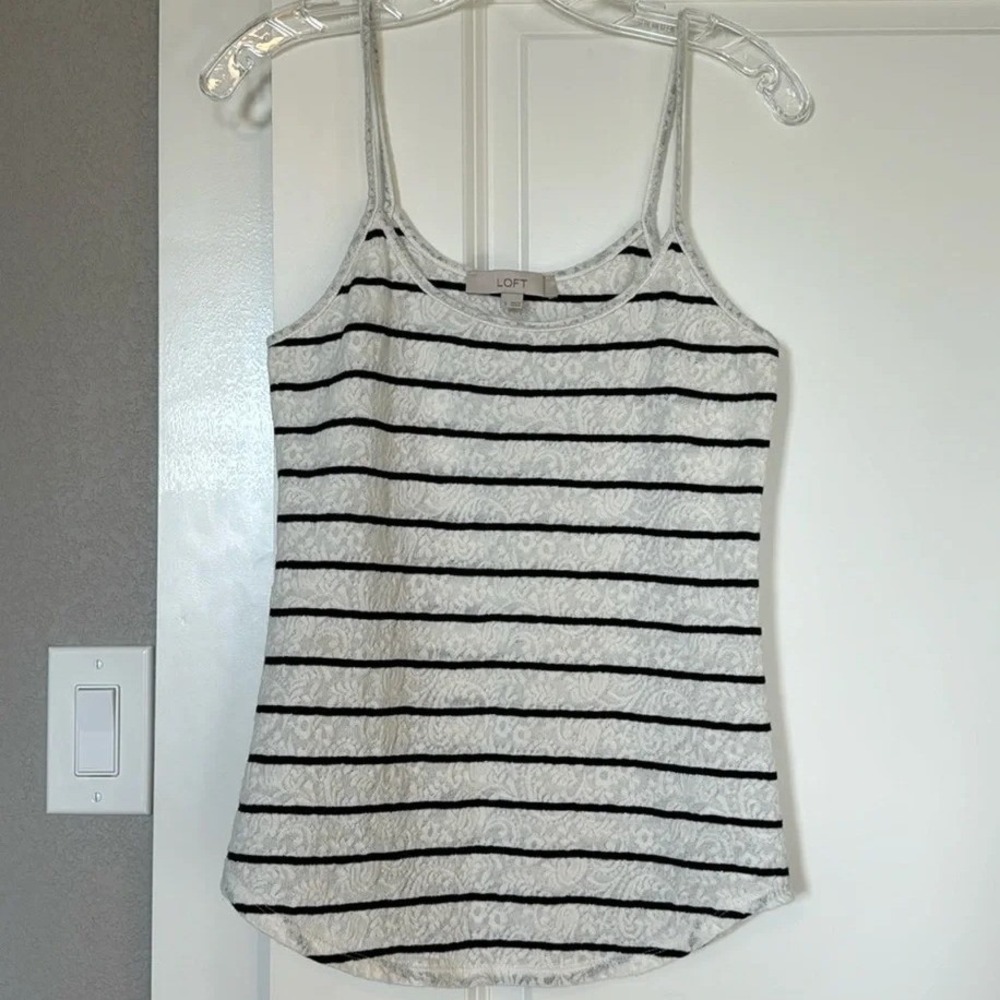LOFT Striped Lace Tank Top Womens Size S White‎ Black Spaghetti Strap Casual